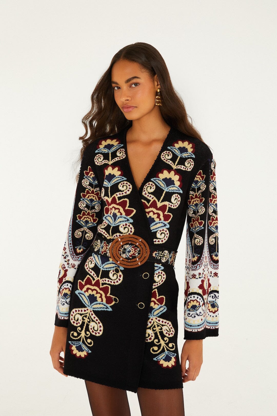 FARM Rio model wearing the Winter Floral Belted Knit Mini Dress