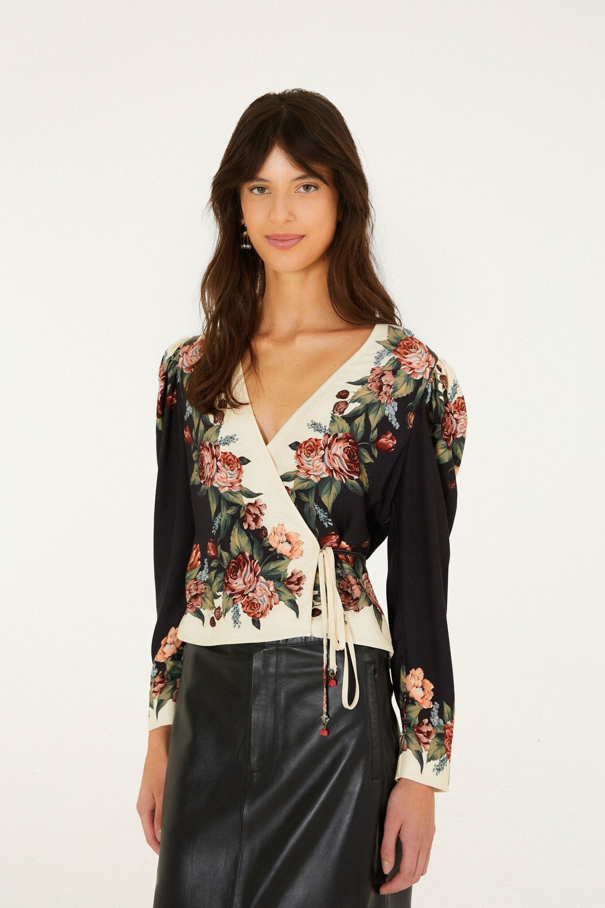 Winter Floral Long Sleeve Wrap Blouse