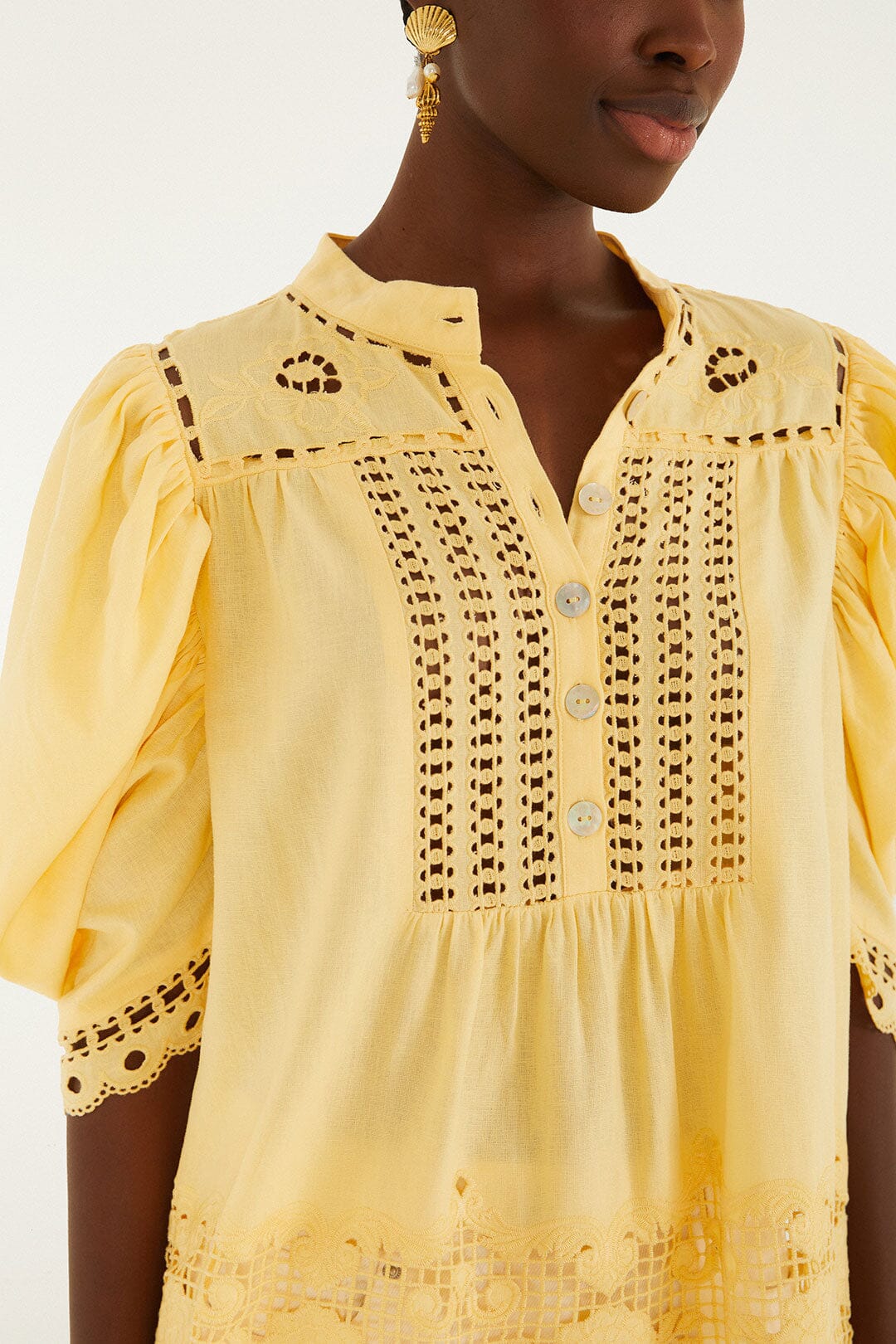 FARM Rio model wearing the Yellow Romantic Richelieu Short Sleeve Blouse