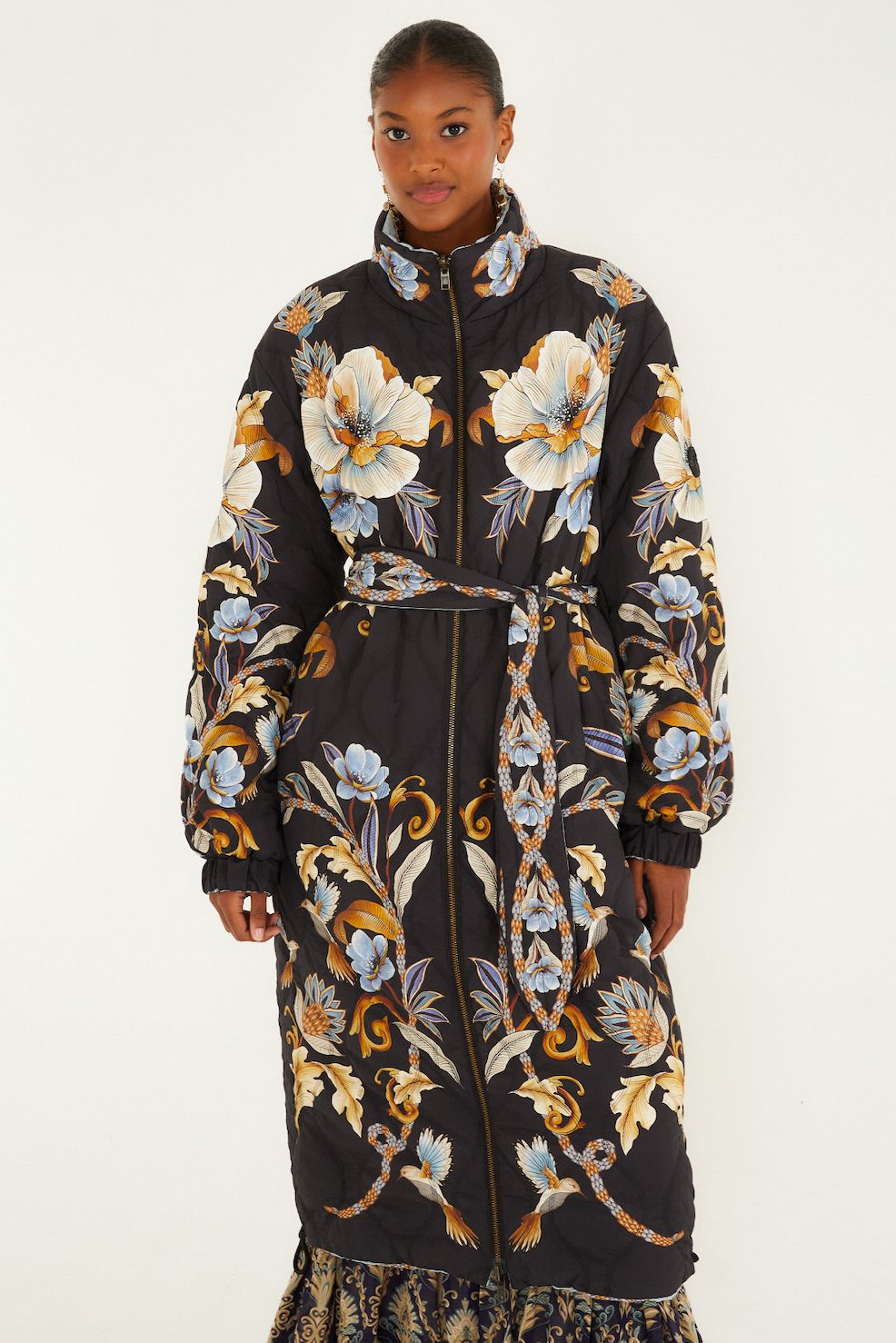 Black Flowerful Snake Garden Reversible Maxi Puffer Jacket | FARM Rio