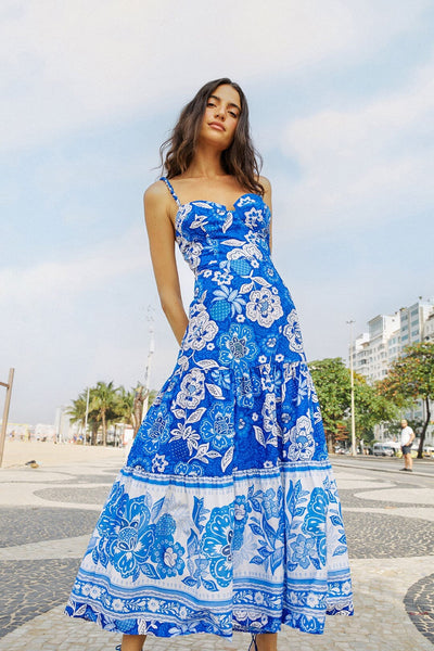 Blue Full Of Flowers Organic Cotton Midi Dress FARM Rio Blue Full Of Flowers Organic Cotton Midi Dress FARM Rio