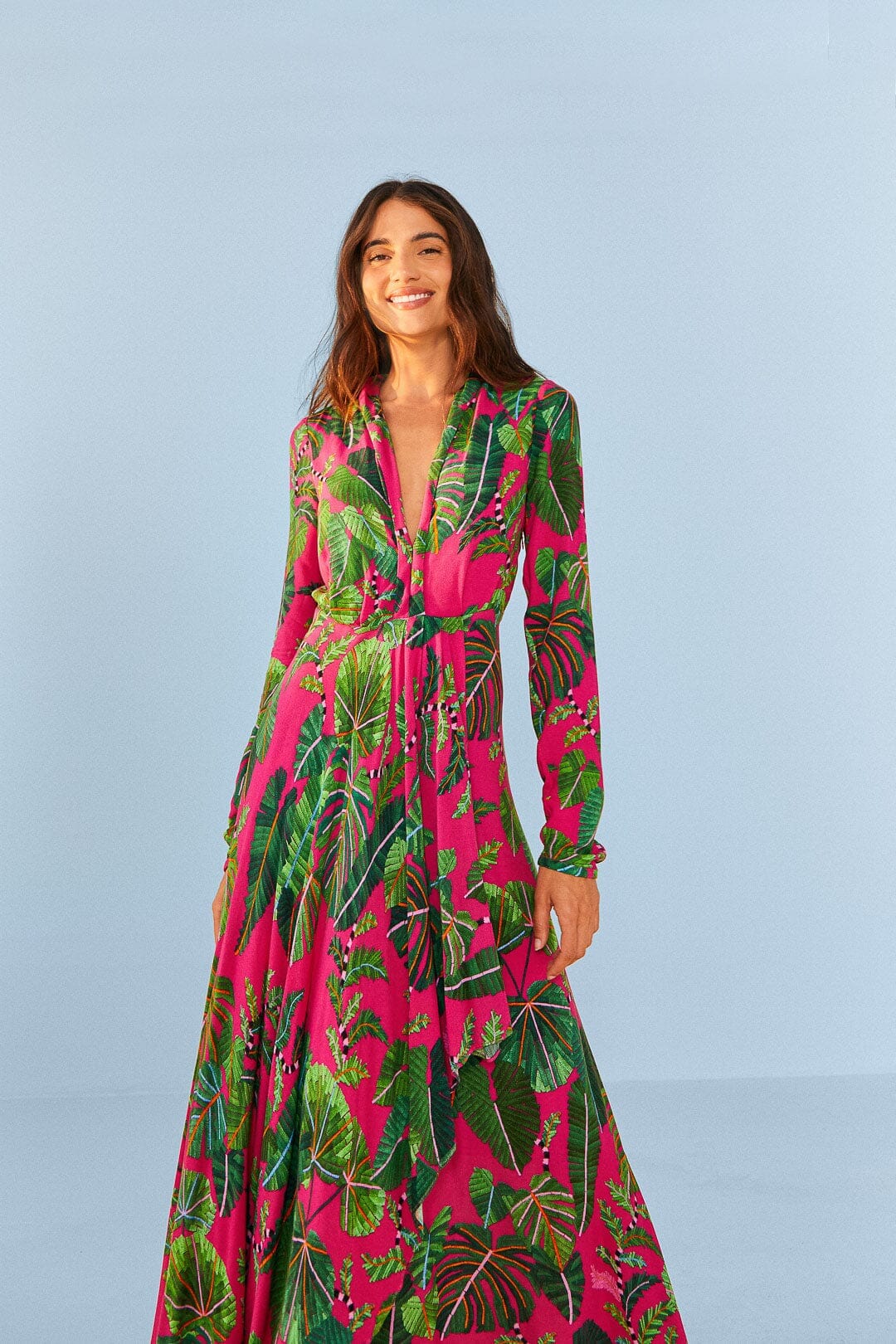 Robe longue à feuilles roses