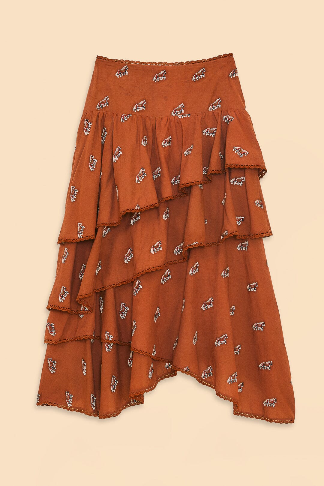 Caramel Embroidered Horses Layered Maxi Skirt FARM Rio