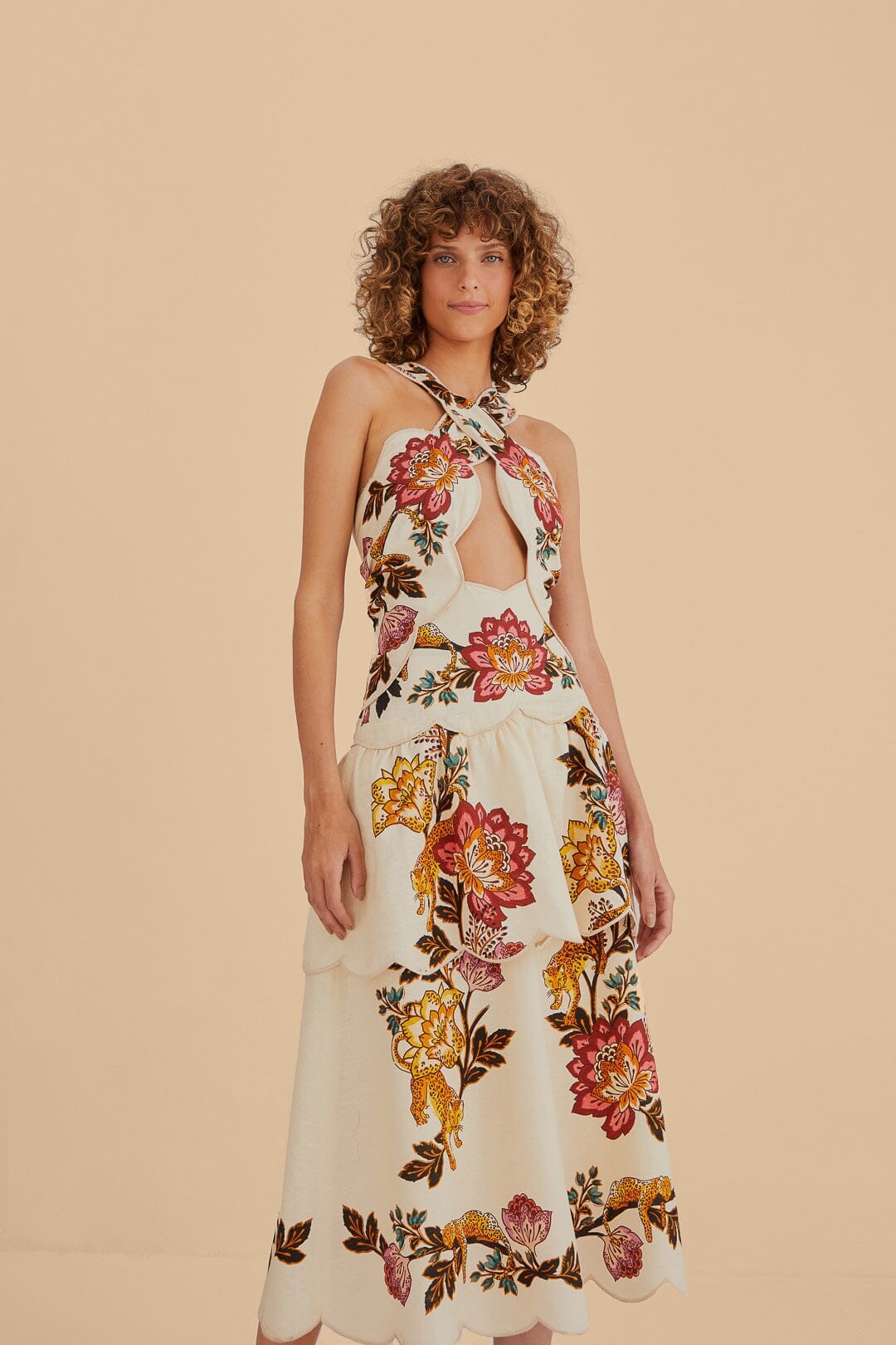 Sand Leopard Flowers Cut Out Midi Dress FARM Rio Sand Leopard Flowers Cut Out Midi Dress FARM Rio