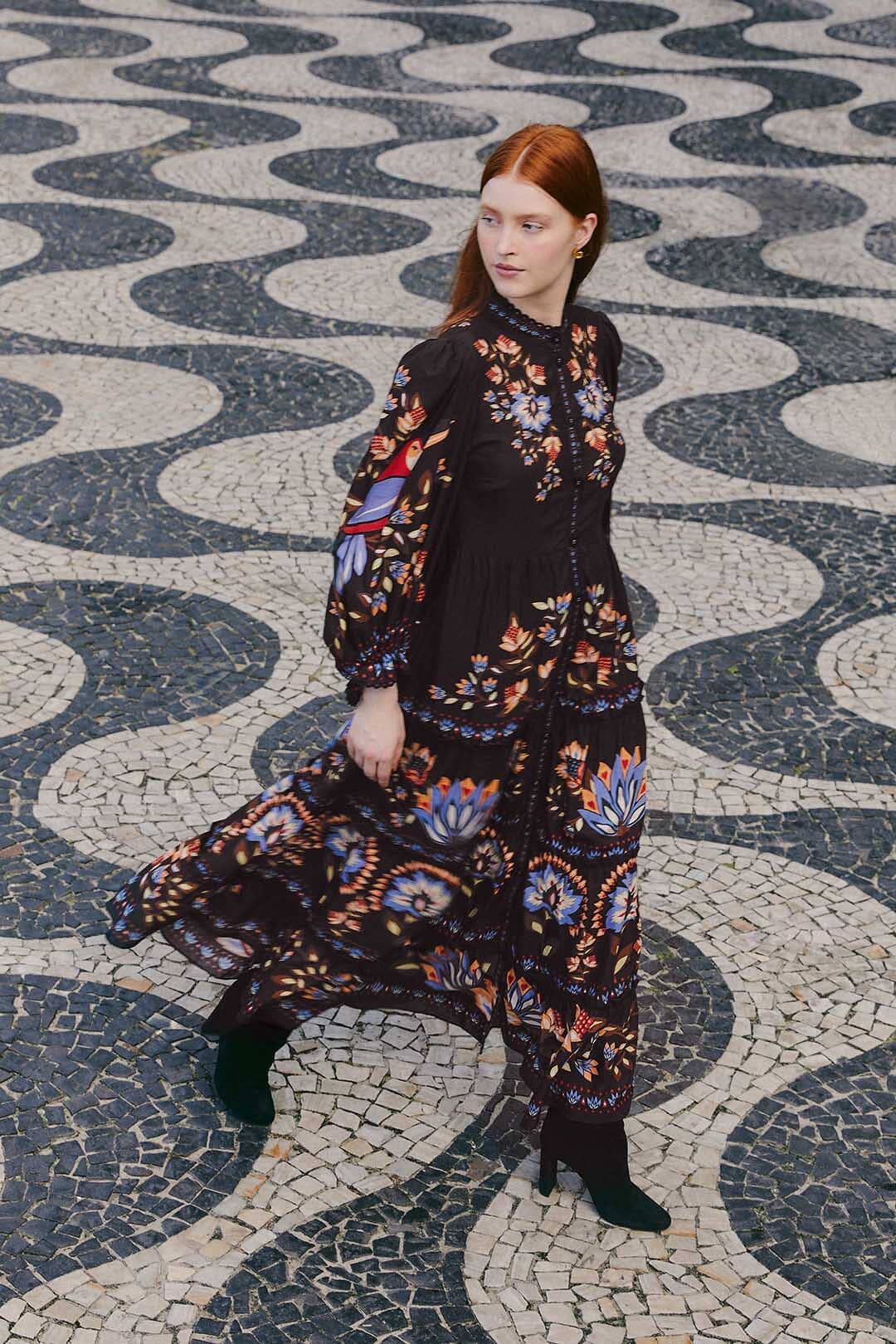 Black Winter Garden Long Sleeve Maxi Dress FARM Rio Black Winter Garden Long Sleeve Maxi Dress FARM Rio