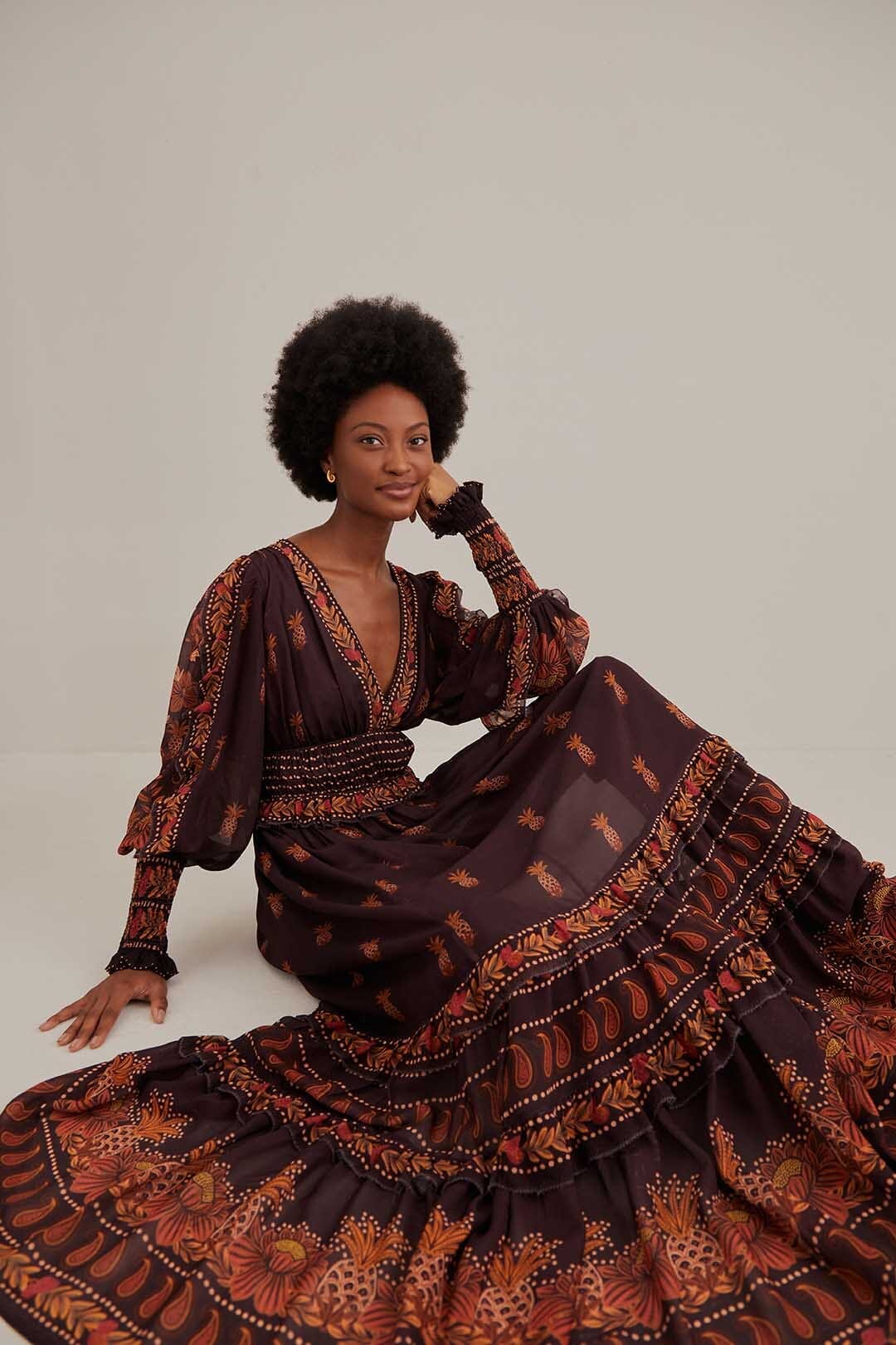 Brown Paisley Bloom Long Sleeve Maxi Dress FARM Rio Brown Paisley Bloom Long Sleeve Maxi Dress FARM Rio