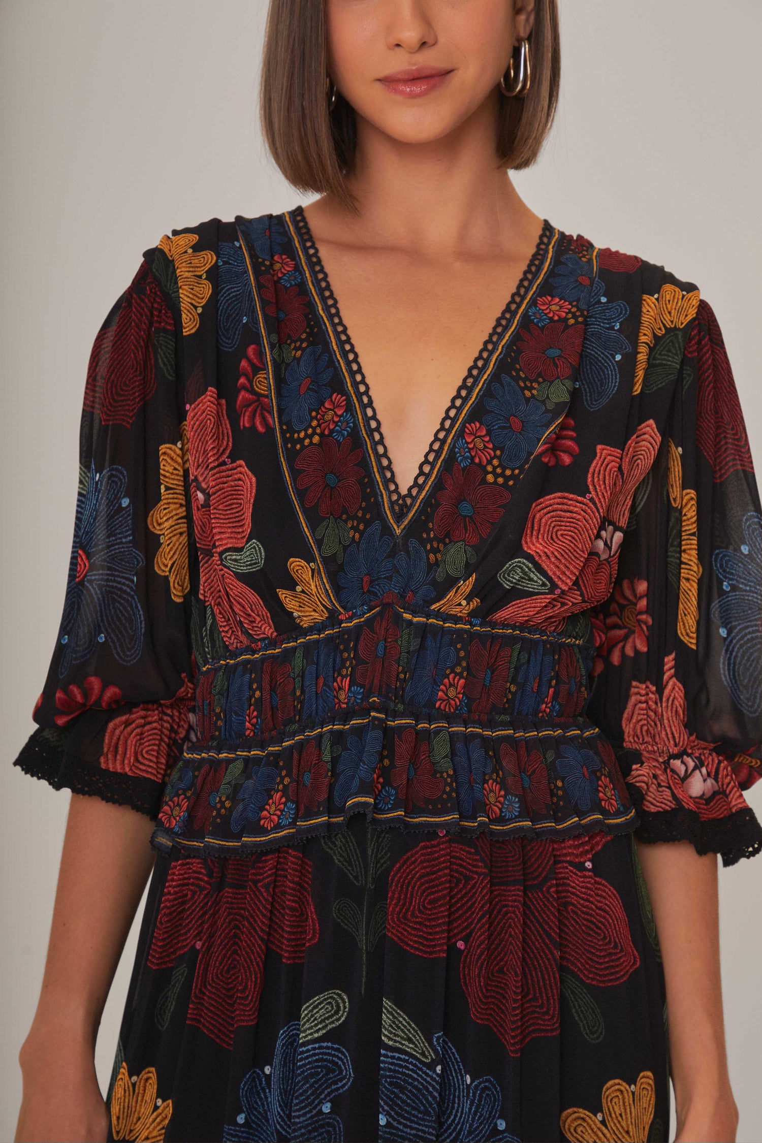 farm rio short-sleeve crew-neck tiered a-line maxi dress Short-Sleeve Crew-Neck Tiered A-Line Maxi Dress