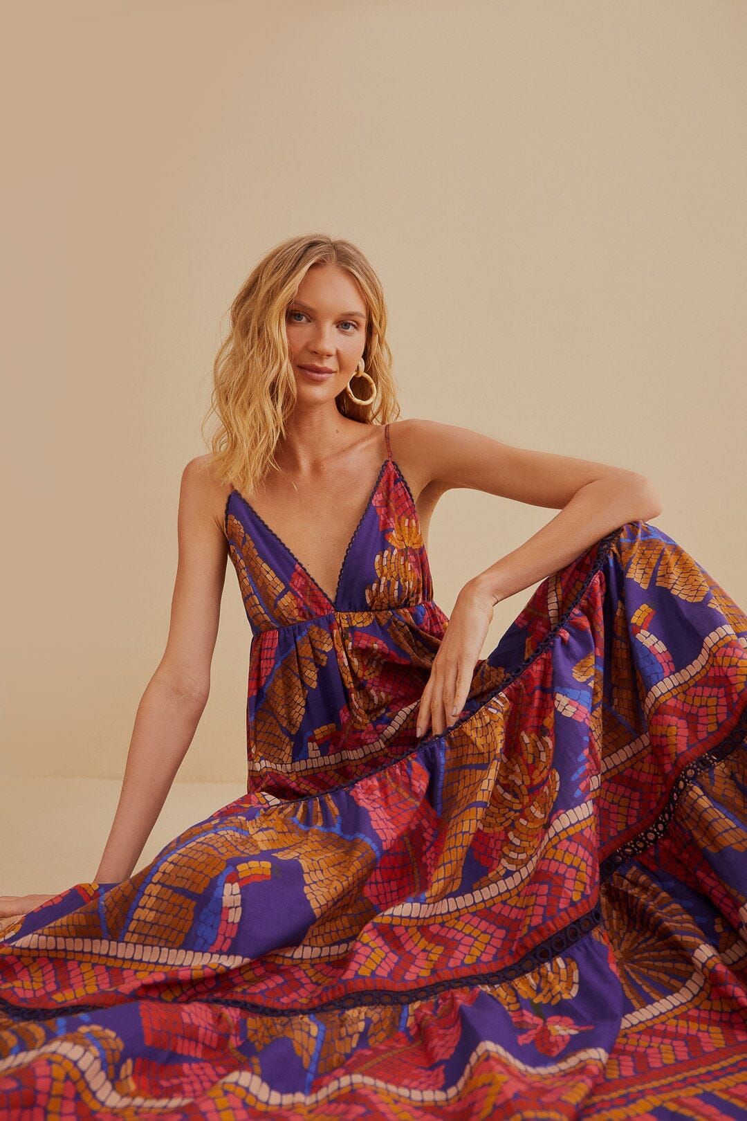 Blue Forest Mosaic Sleeveless Maxi Dress FARM Rio Blue Forest Mosaic Sleeveless Maxi Dress FARM Rio