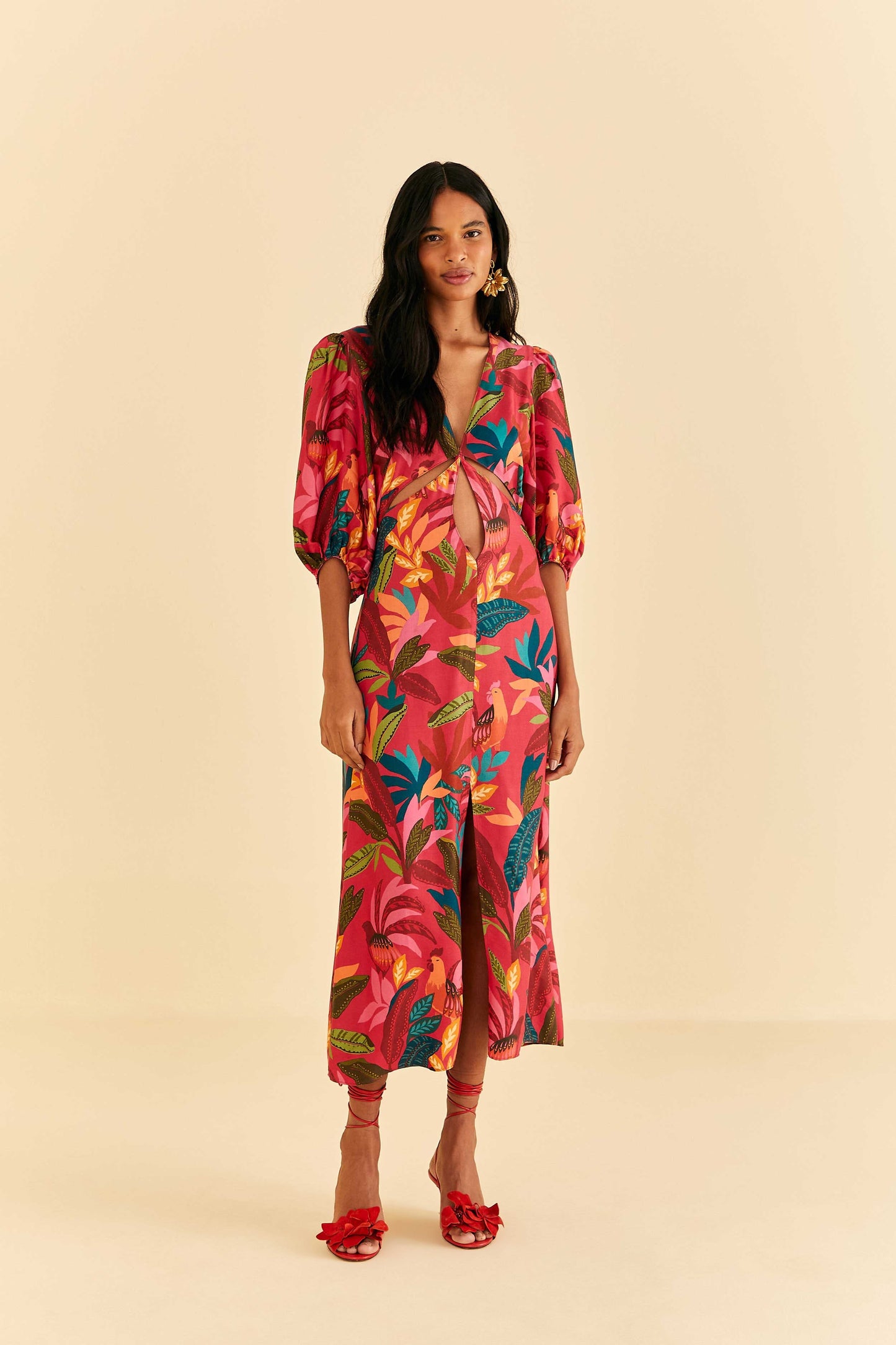 Red Rooster Leaves Short Sleeve Maxi Dress