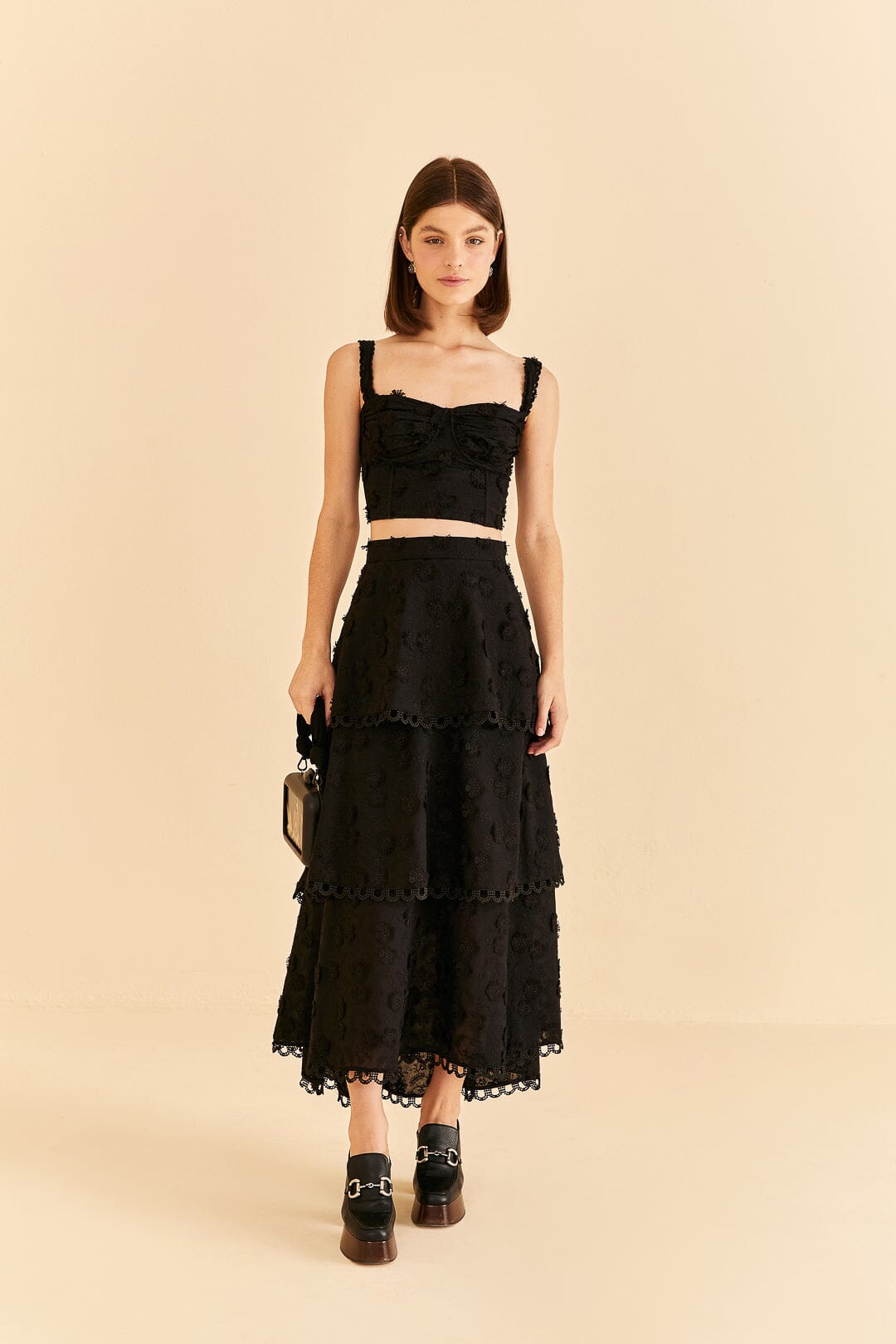 Black 3d Flower Tiered Maxi Skirt