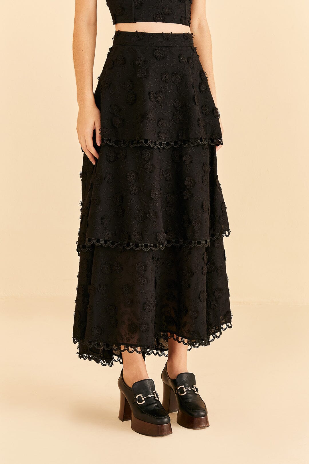 Black 3d Flower Tiered Maxi Skirt