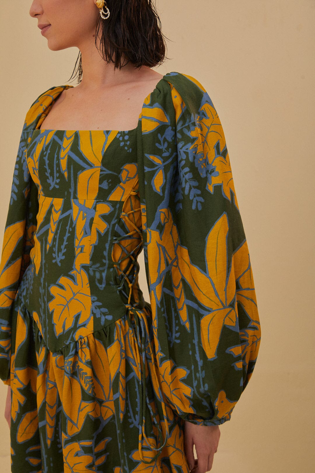 Croquis de feuillage vert Mini-robe Lenzing™ Ecovero™ Euroflax™