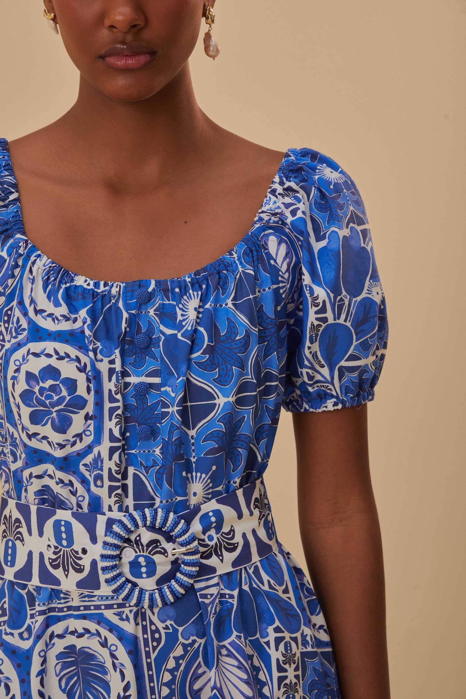 blue tile dream short sleeve mini dress FARM Rio Tile Dream Puff Sleeve Mini Dress