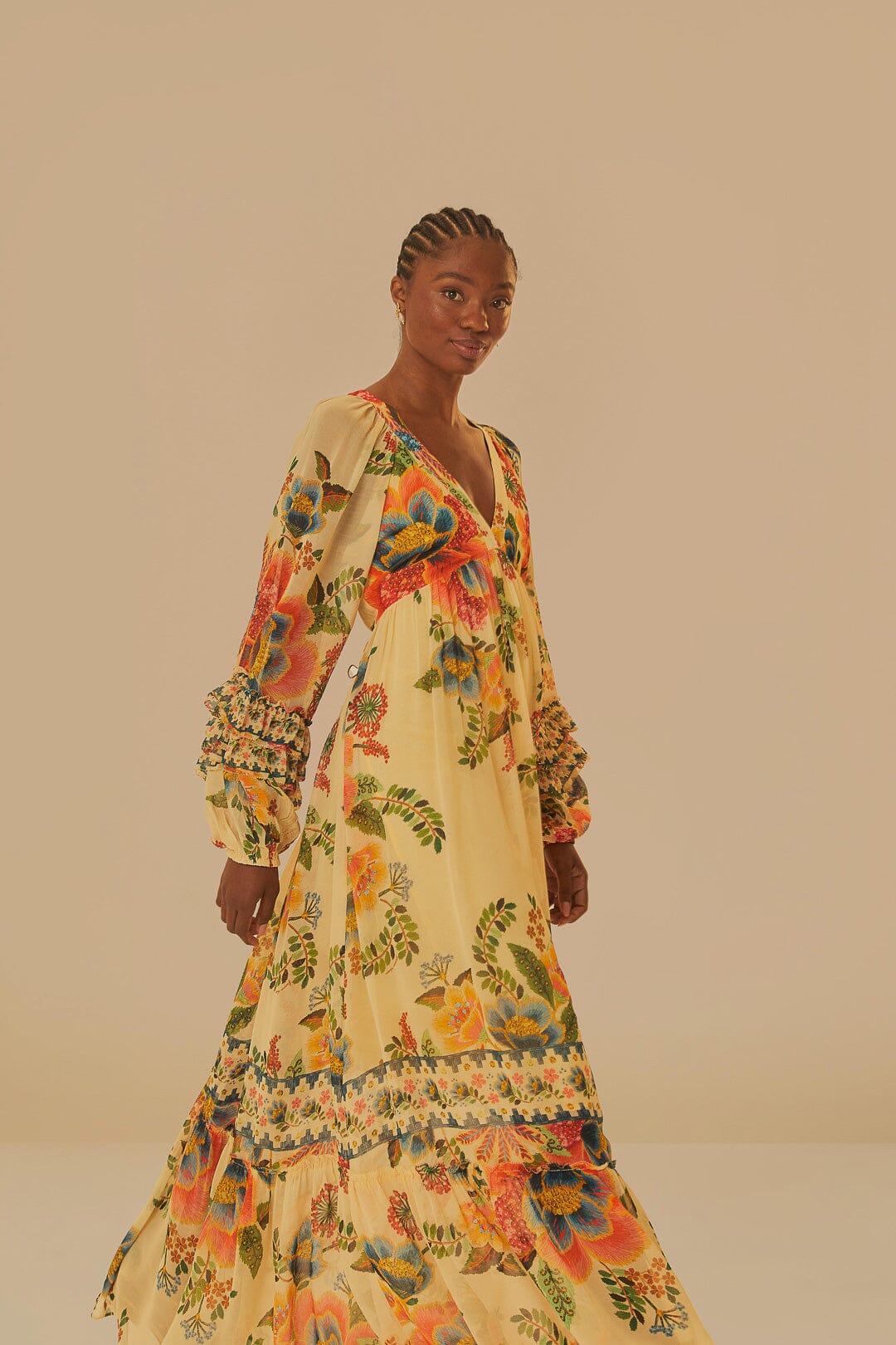 farm rio delicate garden ruched maxi dress FARM Rio Delicate Garden Brown Long Sleeve Maxi Dress
