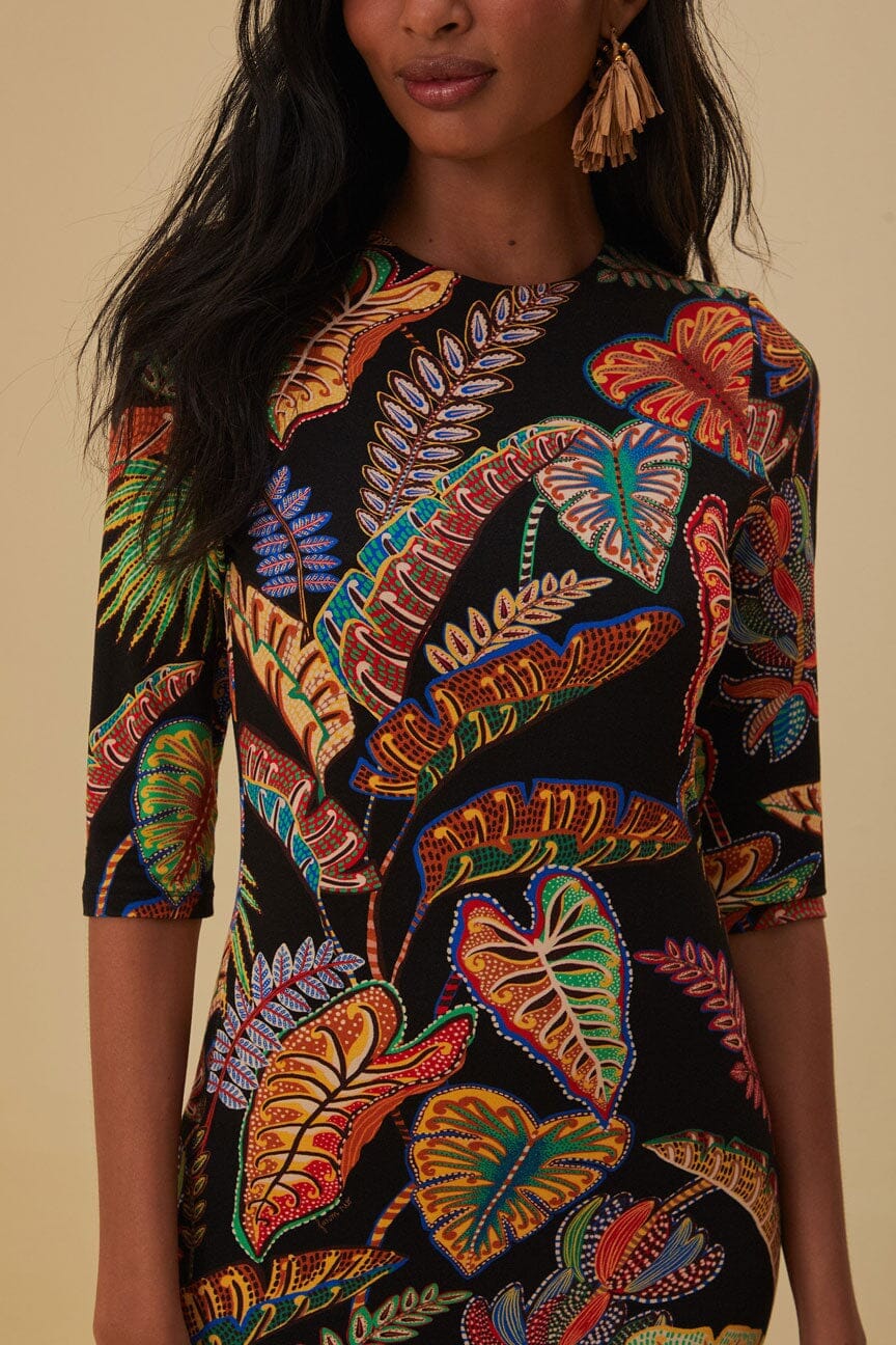 cool foliage black jersey midi dress Farm Rio - Black Foliage Sleeveless Maxi Dress