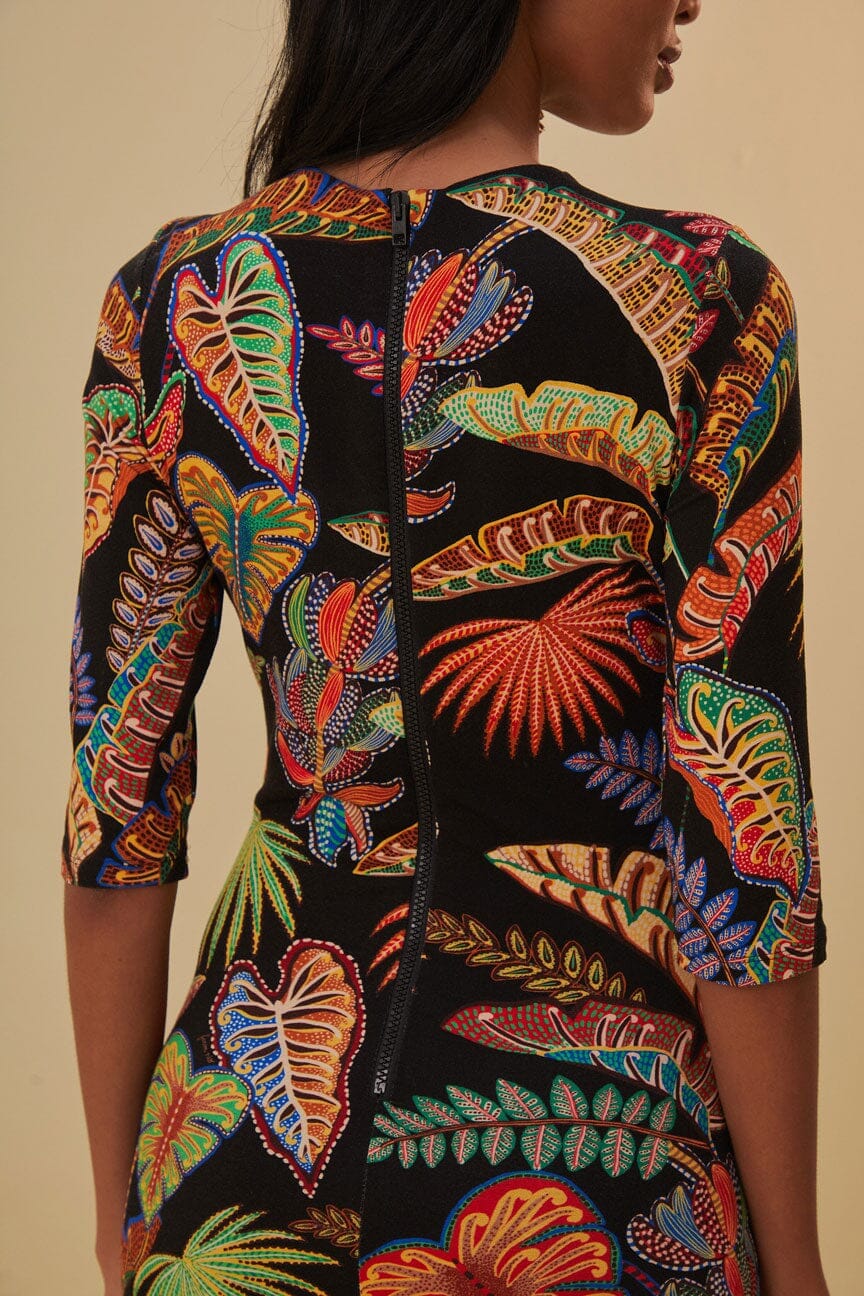 cool foliage black mini dress FARM Rio Golden Foliage Black Mini Puffy Sleeve Dress