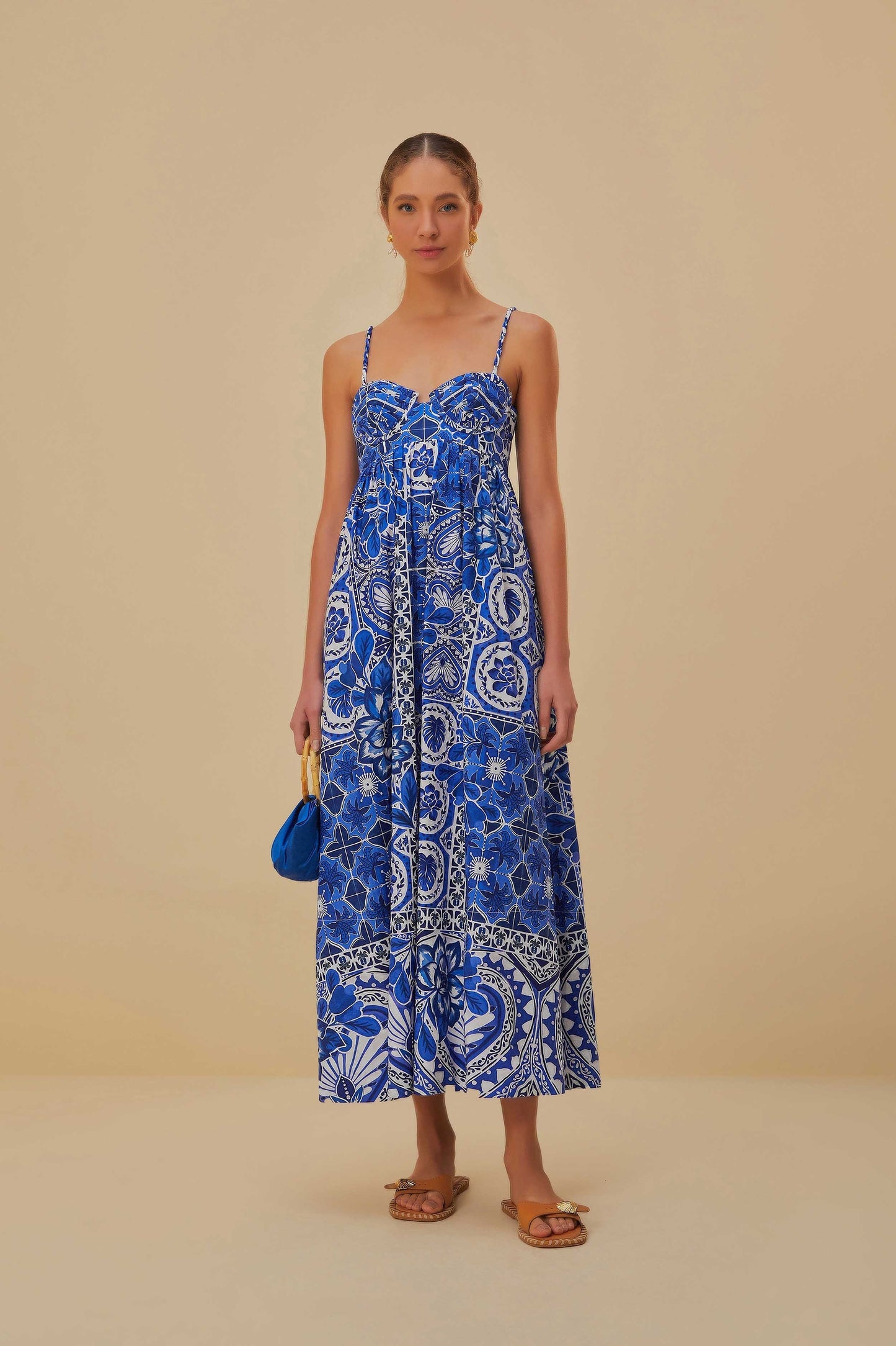 Blue Tile Dream Sleeveless Maxi Dress FARM Rio Blue Tile Dream Sleeveless Maxi Dress FARM Rio