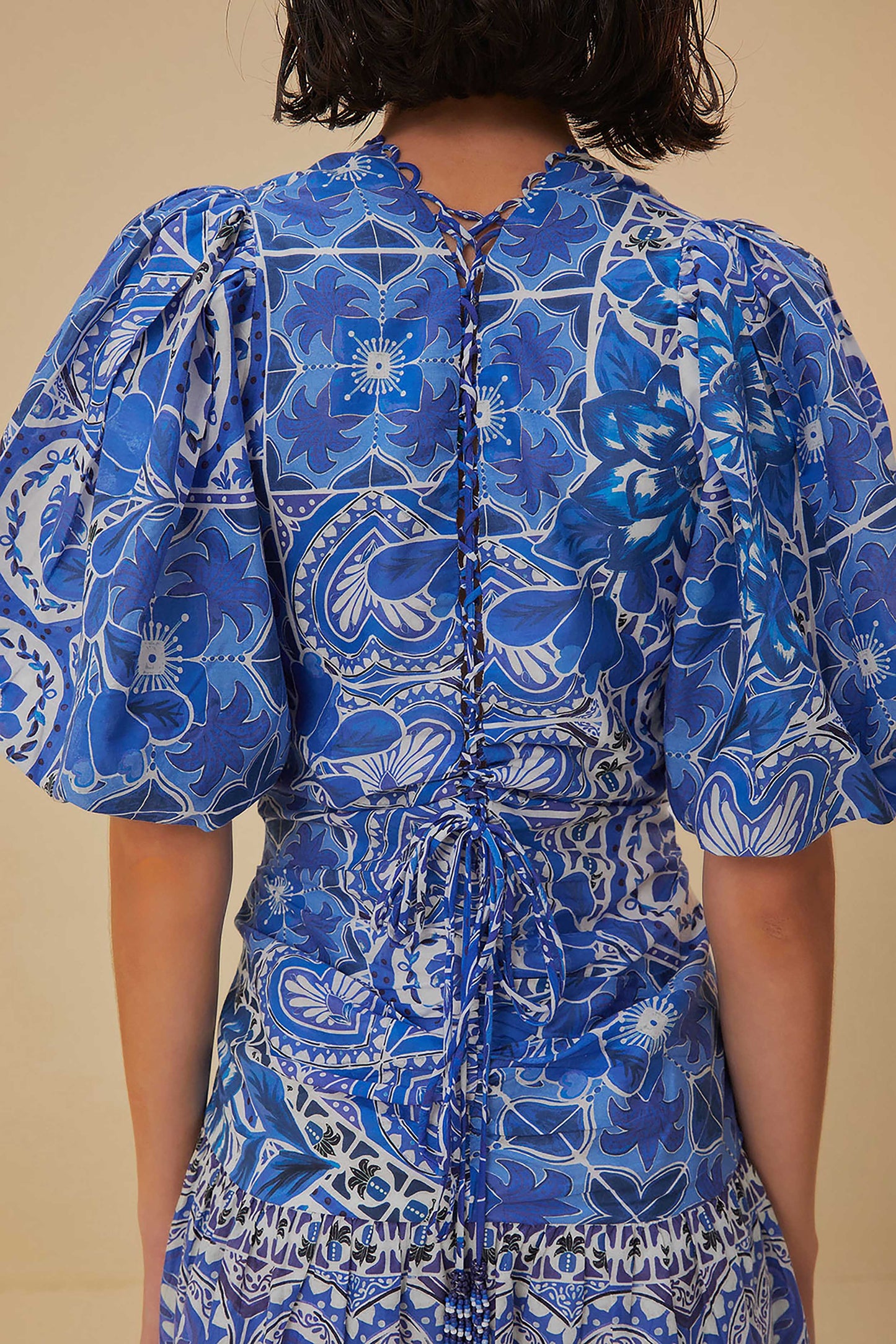 farm rio tile dream puff sleeve mini dress Blue Tile Dream Short Sleeve Mini Dress FARM Rio