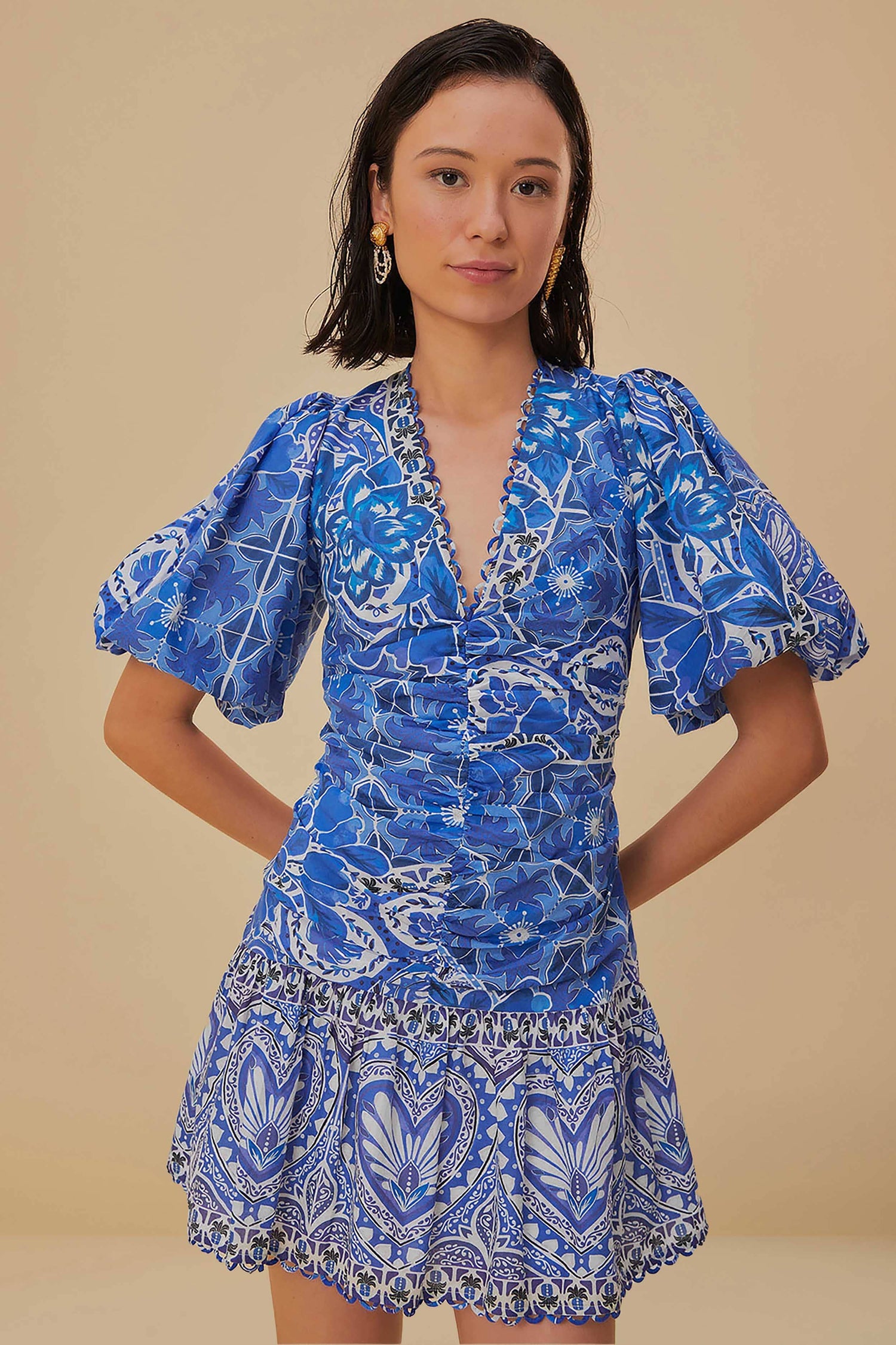 Blue Tile Dream Short Sleeve Mini Dress FARM Rio Blue Tile Dream Short Sleeve Mini Dress FARM Rio