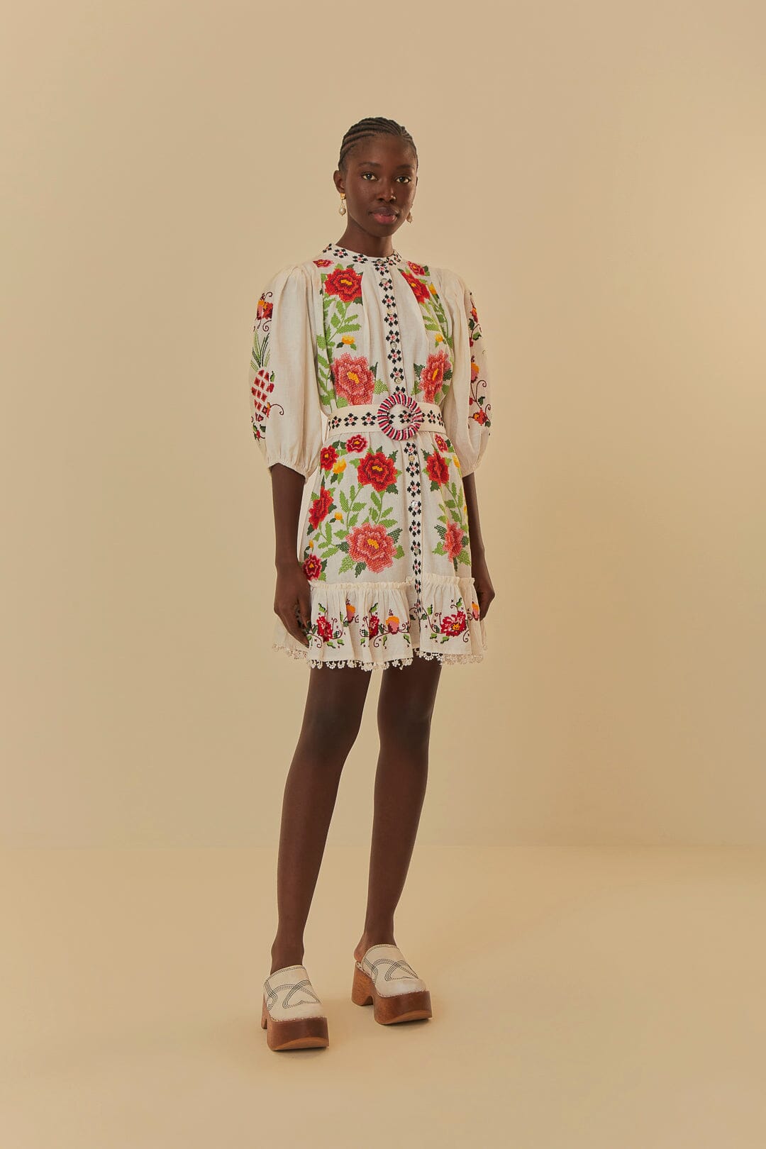 Off-White Embroidered Carmina Floral Short Sleeve Mini Dress FARM Rio Off-White Embroidered Carmina Floral Short Sleeve Mini Dress FARM Rio