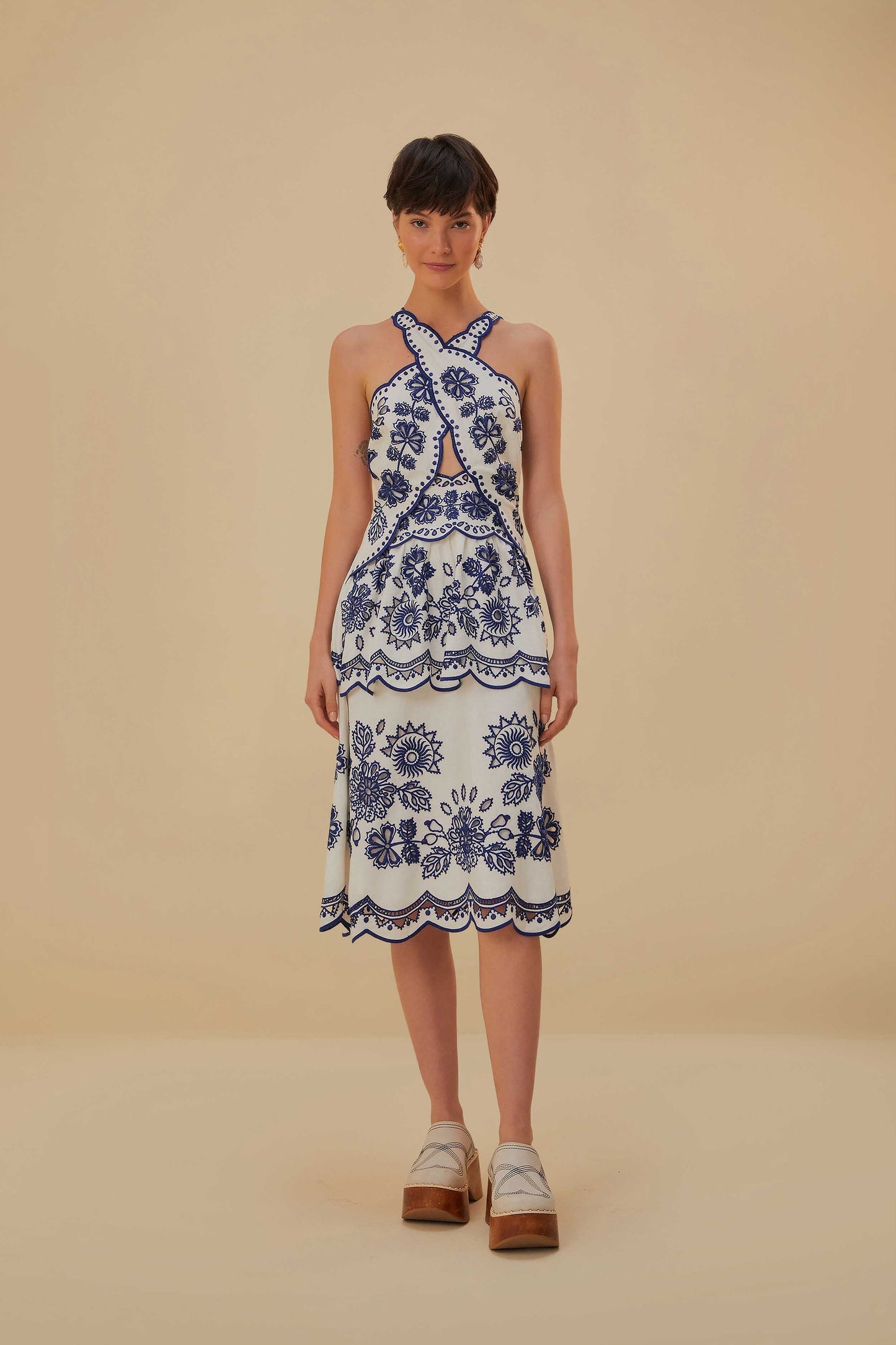 farm rio white richelieu sleeveless midi dress Off-White Richelieu V Neck Sleeveless Midi Dress