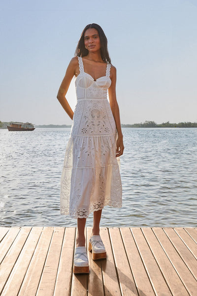 open lace back dress White Richelieu Sleeveless Midi Dress – FARM Rio