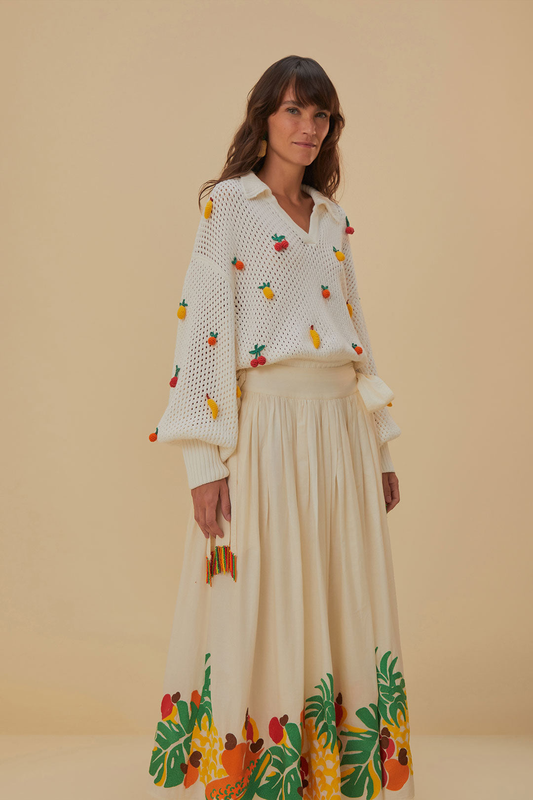 Embroidered Fruits Side Bow Midi Skirt