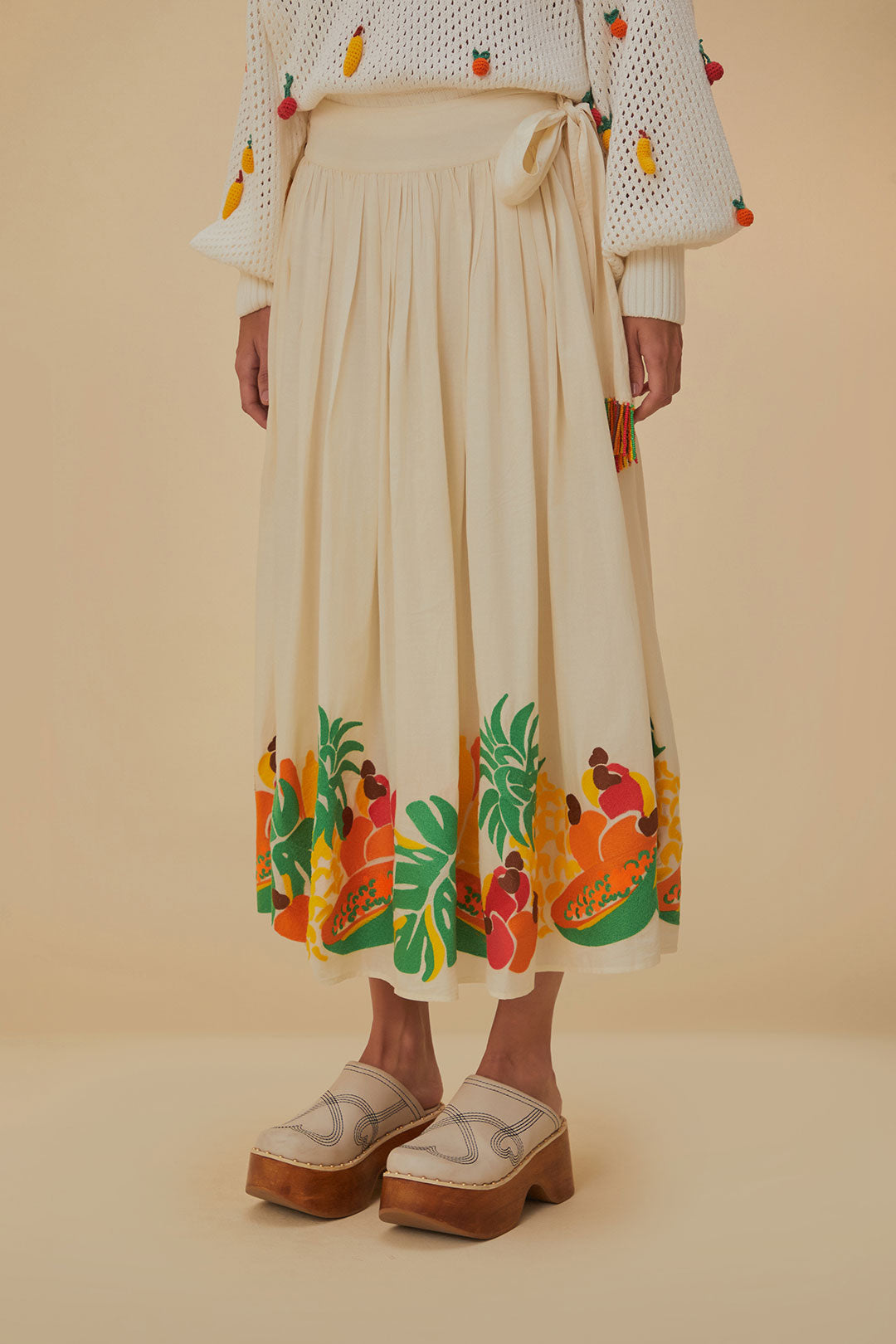 Embroidered Fruits Side Bow Midi Skirt