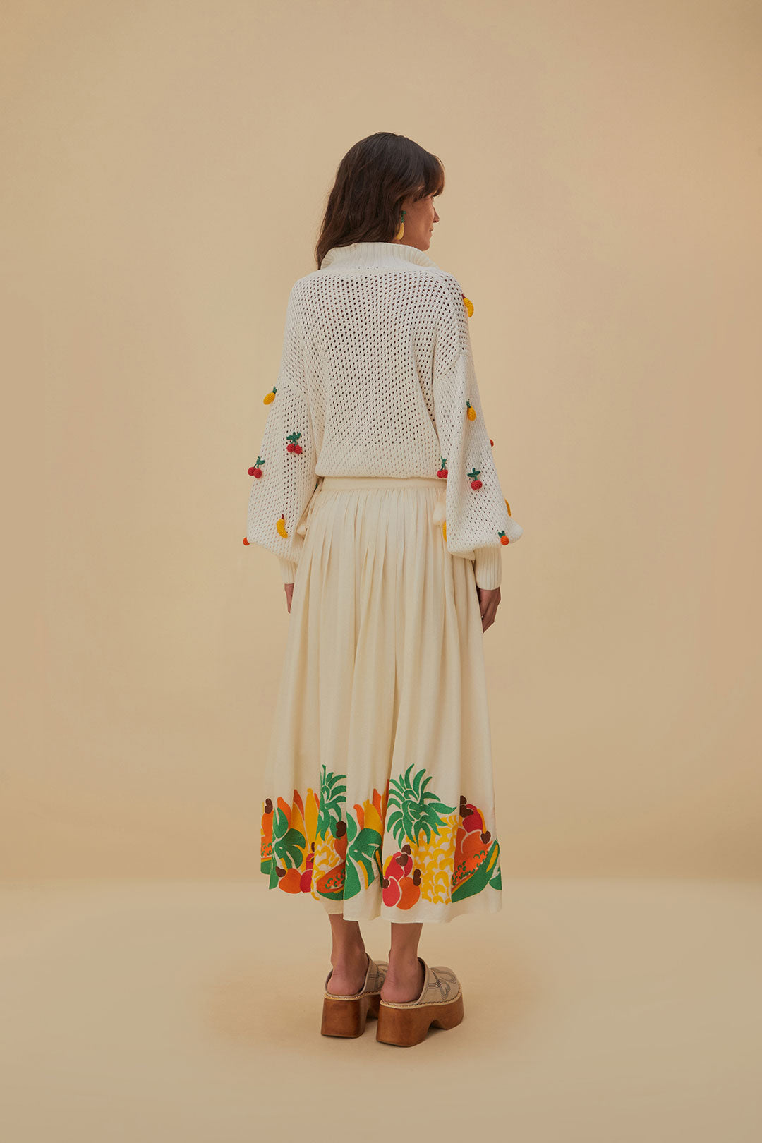 Embroidered Fruits Side Bow Midi Skirt