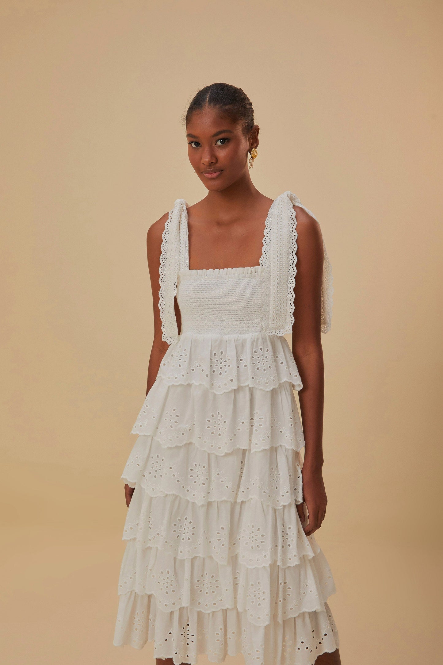 Off-White Embroidered Ruffle Midi Dress FARM Rio Off-White Embroidered Ruffle Midi Dress FARM Rio