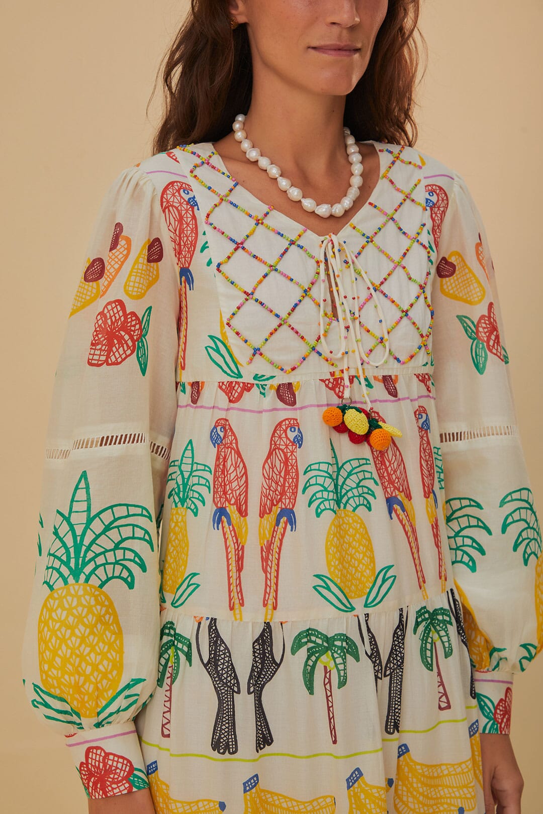Off-White Tropicolors Yoke Embroidered Midi Dress FARM Rio Off-White Tropicolors Yoke Embroidered Midi Dress FARM Rio