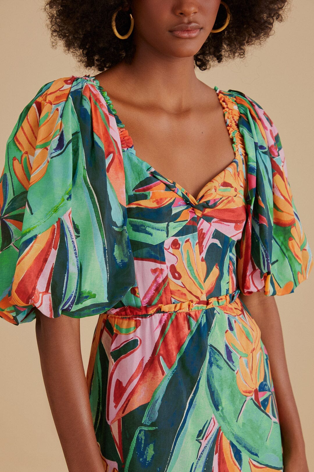 Multicolor Banana Foliage Puff Sleeve Midi Dress FARM Rio Multicolor Banana Foliage Puff Sleeve Midi Dress FARM Rio