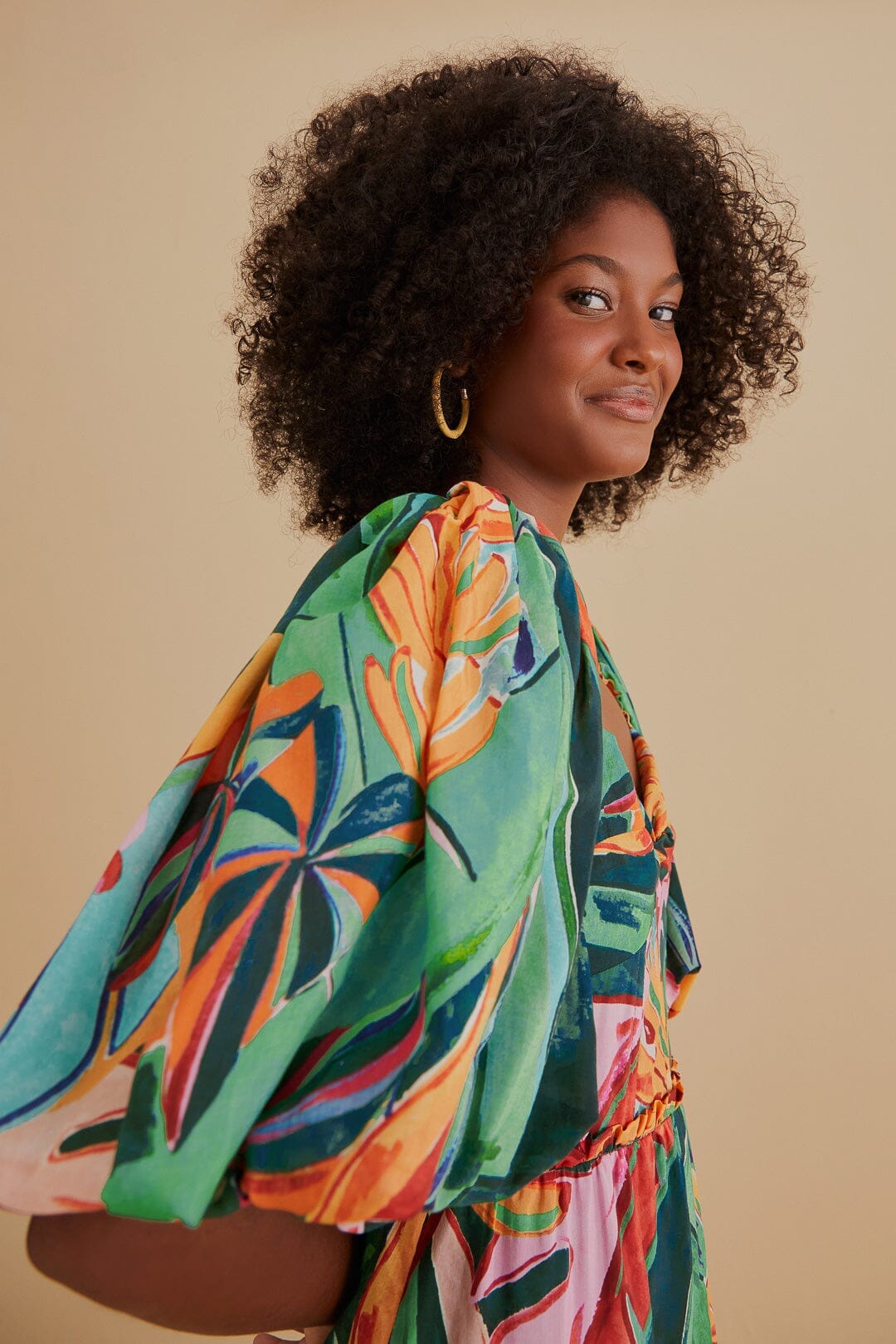 Multicolor Banana Foliage Puff Sleeve Midi Dress FARM Rio Multicolor Banana Foliage Puff Sleeve Midi Dress FARM Rio