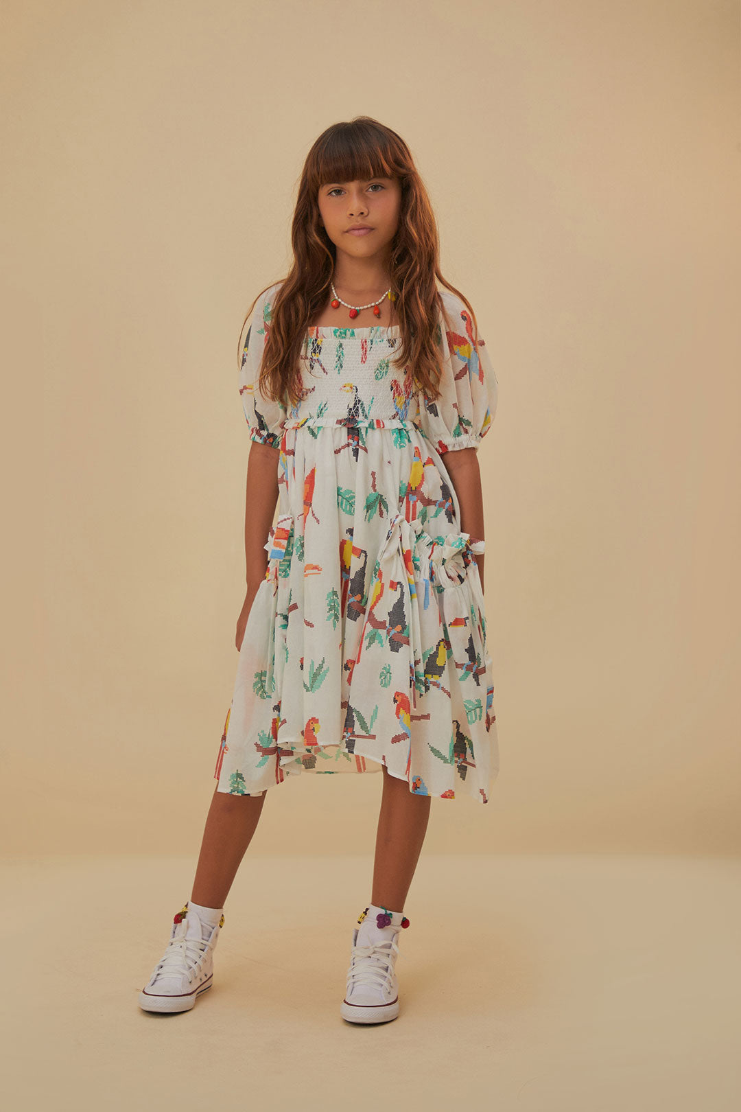 Pink Stitched Birds Kids Dress