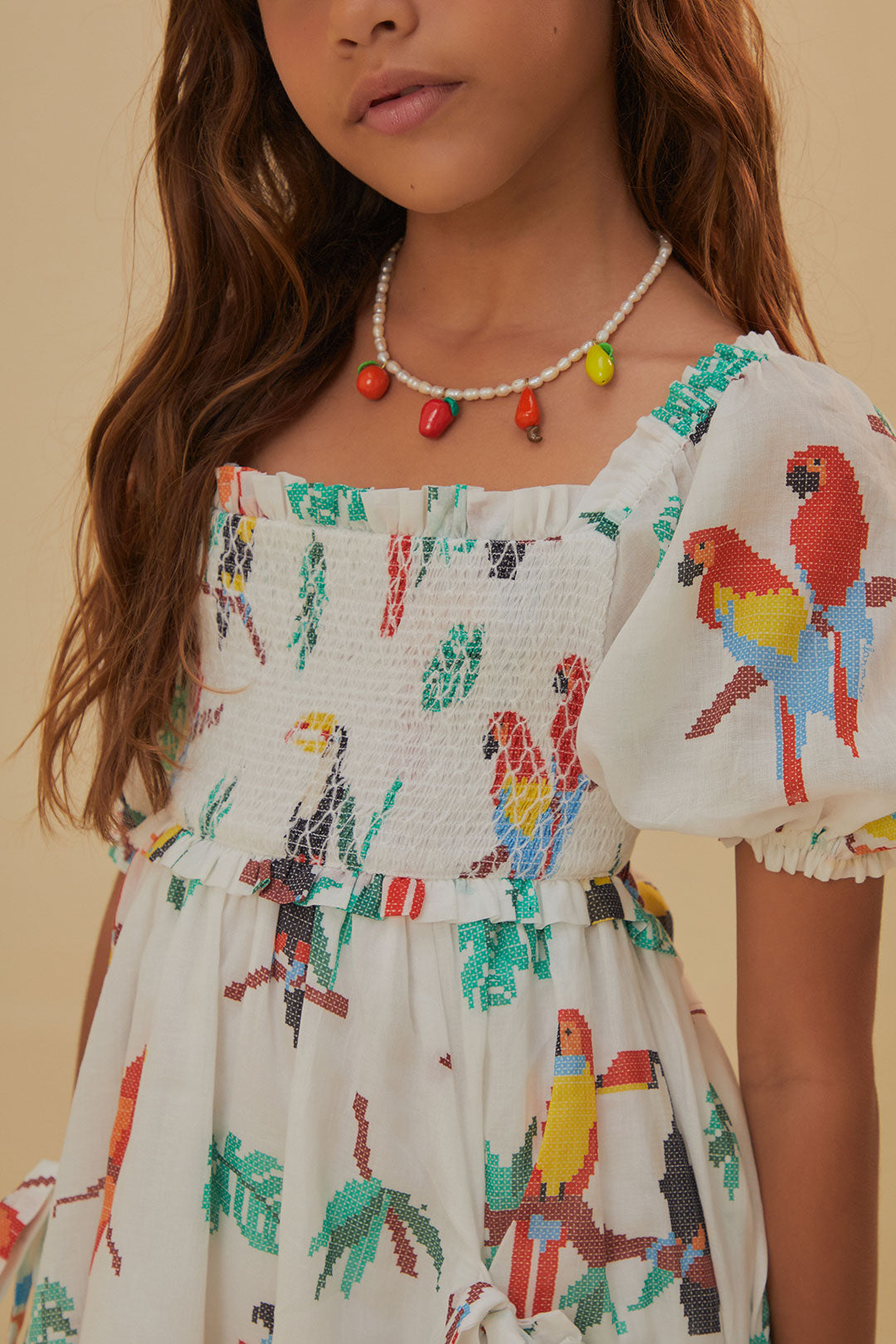 Pink Stitched Birds Kids Dress