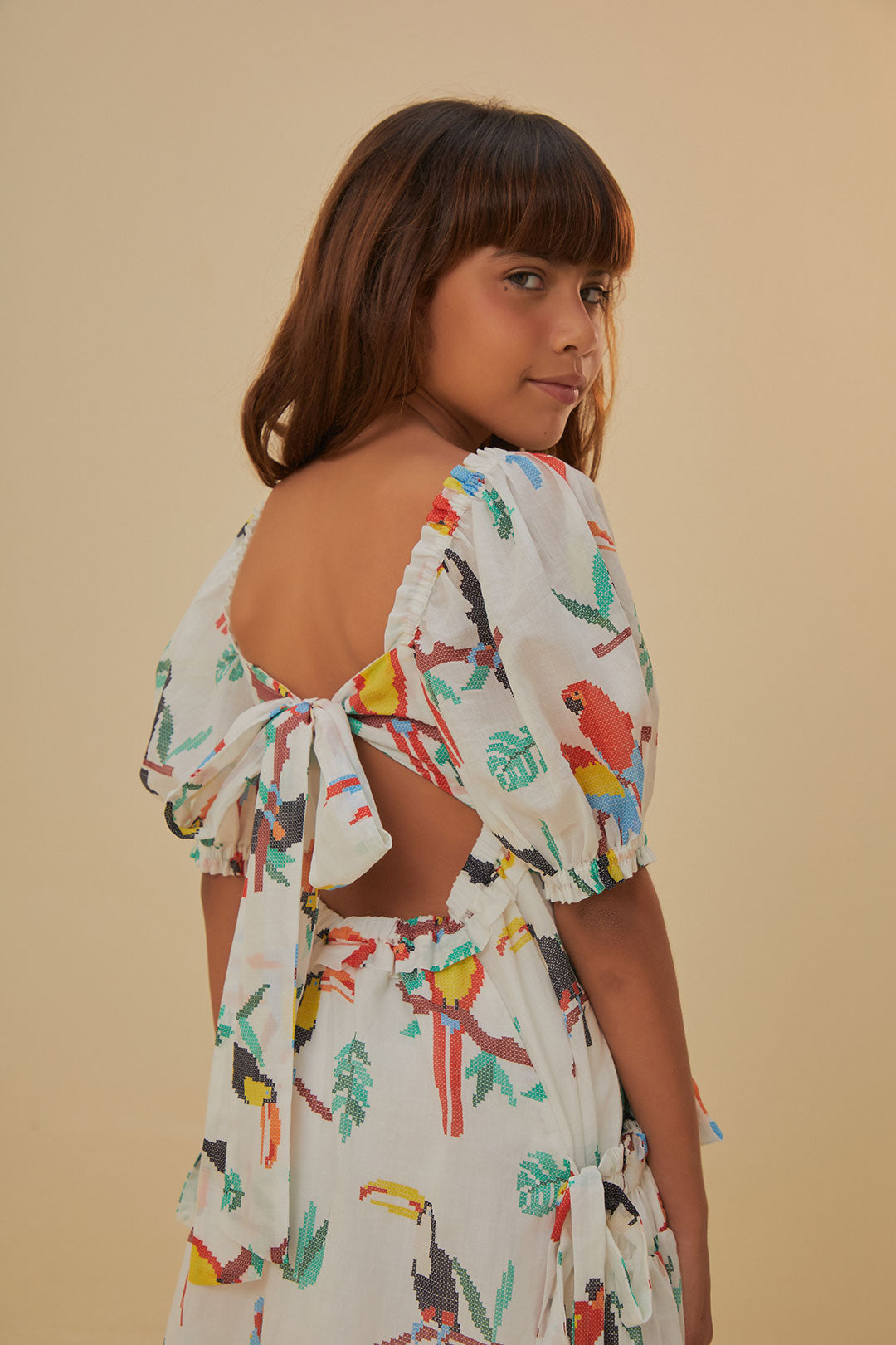 Pink Stitched Birds Kids Dress