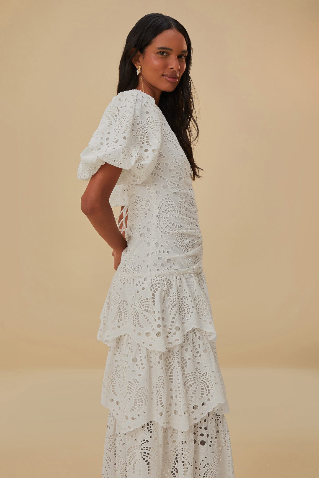 White Cotton Eyelet Puff Sleeve Midi Dress FARM Rio White Cotton Eyelet Puff Sleeve Midi Dress FARM Rio