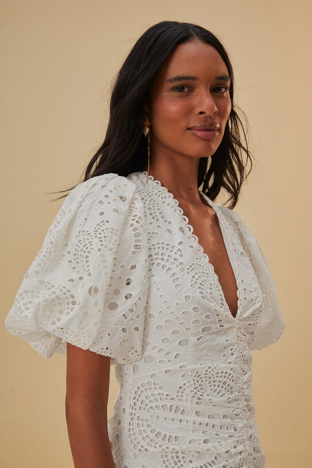 White Cotton Eyelet Puff Sleeve Midi Dress FARM Rio White Cotton Eyelet Puff Sleeve Midi Dress FARM Rio