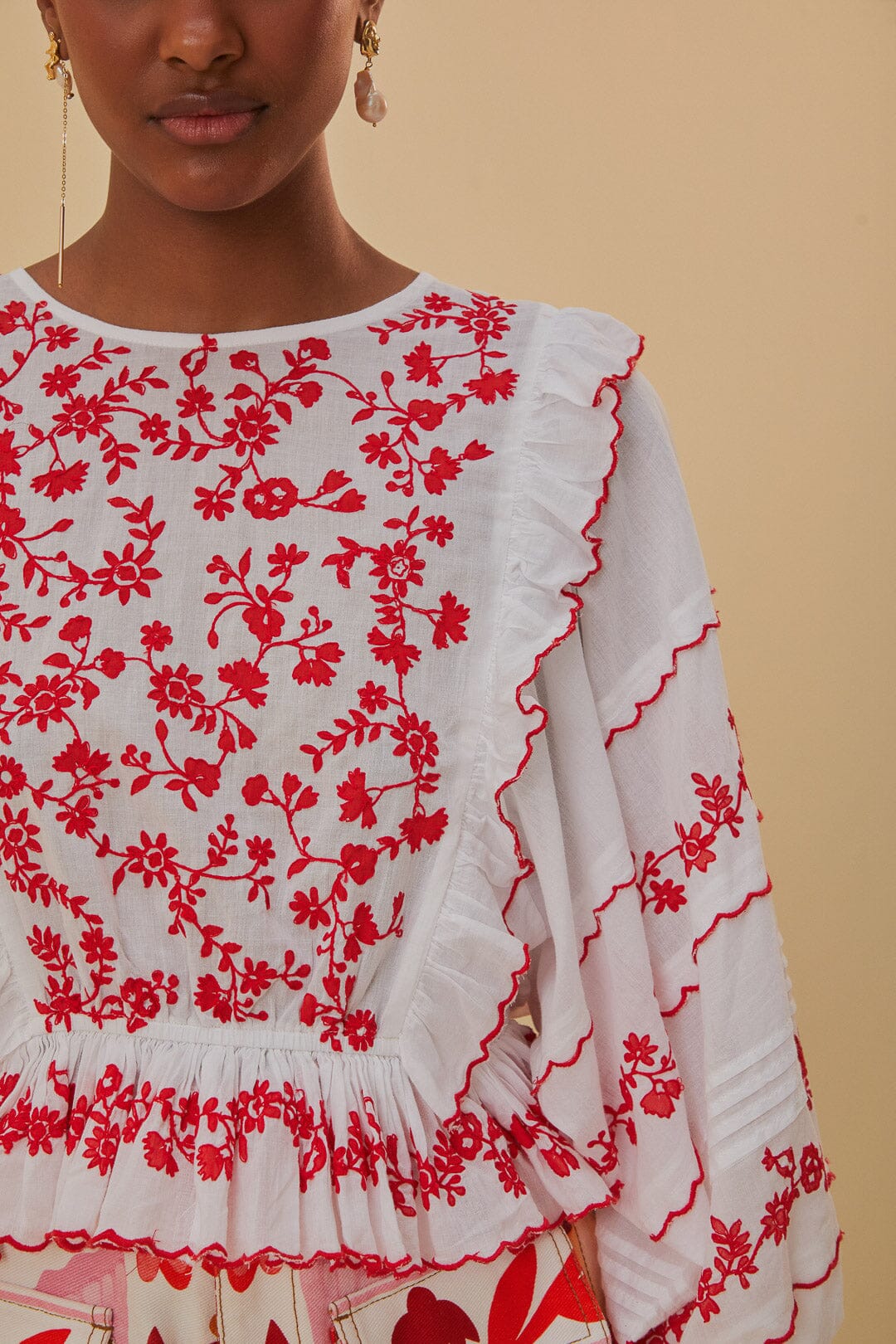 Off-White and Red Embroidered Long Sleeve Blouse