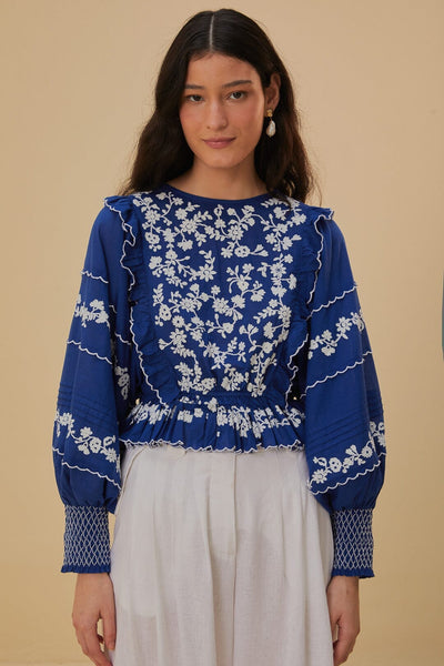 Navy Blue Embroidered Long Sleeve Blouse – FARM Rio